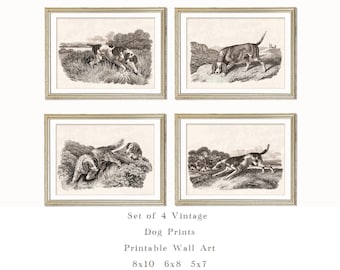 Vintage Dog Prints Set of 4, Antique Hunting Dog Illustrations, Printable Wall Art, Digital Download, Rustic Farmhouse Decor