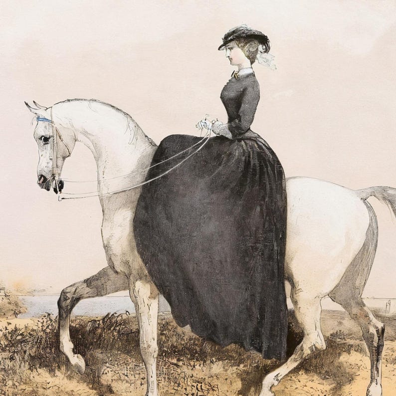 May include: An antique illustration depicts a woman in a long black dress and hat riding a white horse. The horse is in profile, with the woman holding the reins. The background features a landscape with a body of water.
