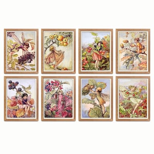 Antique Fairy print set. Set of eight fairy prints. "Flower Fairies of the Autumn" by Cicely Mary Barker (1920). Digital Download