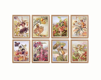 Antique Fairy print set. Set of eight fairy prints. "Flower Fairies of the Autumn" by Cicely Mary Barker (1920). Digital Download