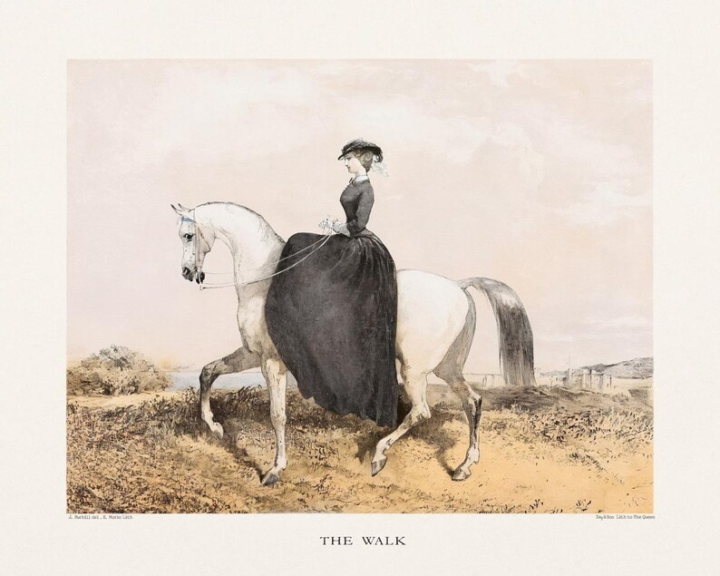 May include: An antique print titled "The Walk" depicts a person in a long black dress riding a white horse. The horse is walking on a dirt path, with a light-colored sky and distant buildings in the background. The print has a vintage aesthetic.