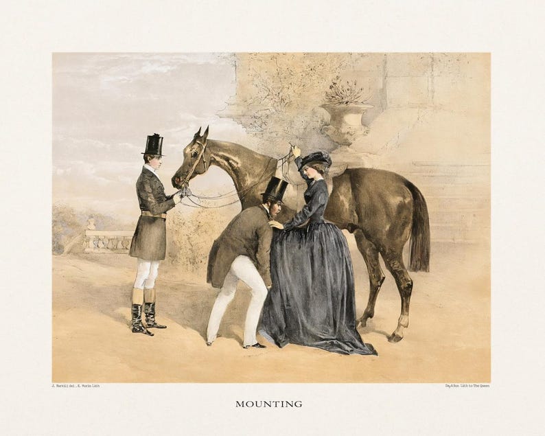 May include: An antique print titled "Mounting" depicts a scene with a brown horse, a woman in a dark dress, and two men in formal attire. The artwork has a vintage aesthetic, with soft colors and a classical style.