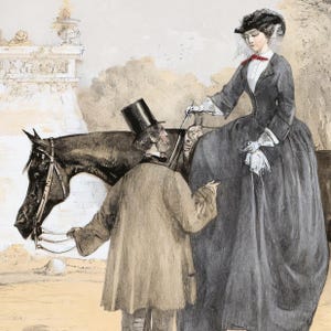 May include: An antique illustration depicts a woman in a long dark dress and hat, standing near a horse. A man in a top hat and coat is facing her. The scene is set outdoors, with a building and trees in the background.