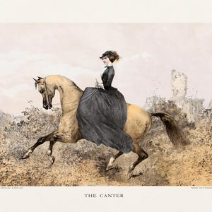 ビクトリア朝の乗馬イラストセット、1857年。英国の本に掲載された女性の乗馬アート。デジタルダウンロード