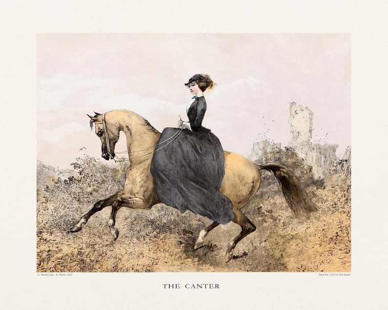 May include: An antique print titled "The Canter" depicts a woman in a long black dress riding a tan horse. The horse is galloping through a field with a castle in the background. The print has a vintage aesthetic.