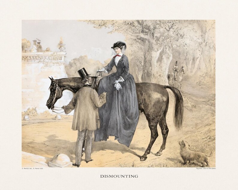 May include: An antique print titled "Dismounting" depicts a woman in a long dress on horseback, assisted by a man in a coat and top hat. A small dog looks up at the horse. The scene is set outdoors with trees and a building in the background.