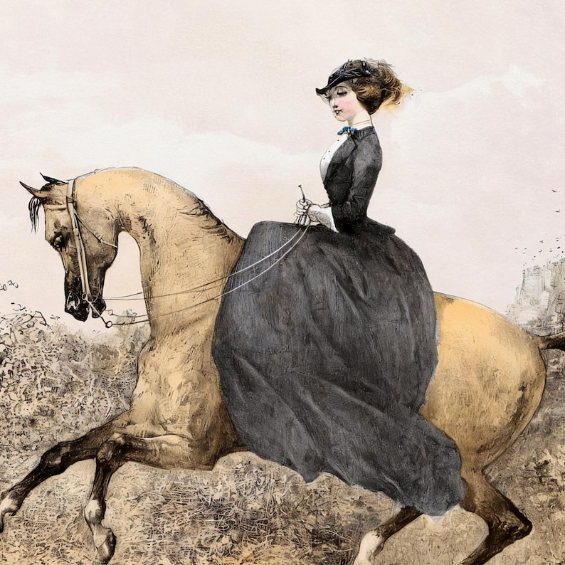 May include: An antique illustration depicts a woman riding a tan horse. She wears a black riding outfit with a long skirt, a jacket, and a small hat. The background shows a light sky and a hint of a landscape.