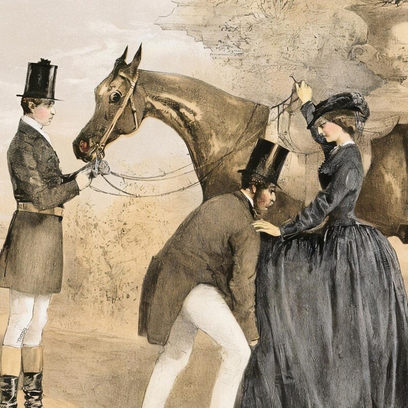 May include: An antique illustration depicts a scene with a horse and three people. A man in a top hat holds the horse's reins, while another man and a woman in a long dress stand nearby. The artwork has a vintage aesthetic with muted colors.