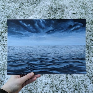 Sea Acrylic Painting on A4 Paper, Original Acrylic Painting, Ocean Waves, Sea, Clouds, Foggy sea