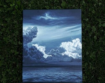 Pintura acrílica, pintura original sobre lienzo, mar tempestuoso, océano, nubes, tormentas eléctricas, olas