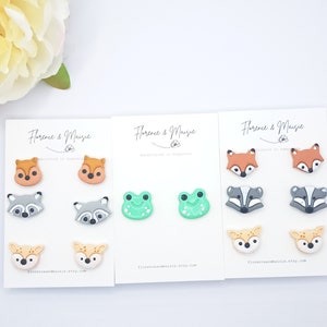 Cute animal stud earrings, Woodland jewellery, Forest creature accessories made from polymer clay, Lightweight and durable, Stainless steel