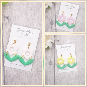 Pastel flower dangle earrings handmade from polymer clay, Spring floral jewellery for Mum, Gift for her,
