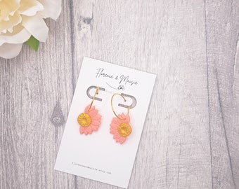 Coral Daisy Dangle Earrings, Handcrafted Polymer Clay Floral Jewellery