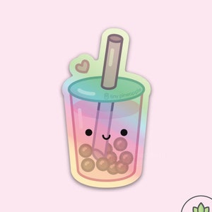 Shiny boba HOLOGRAPHIC VINYL STICKER — Tiny Pineapple Studio bubble tea drink Asian food dessert kawaii rainbow cute pun punny nerdy love