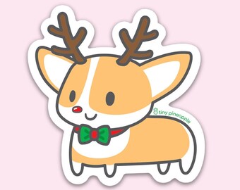 CHRISTMAS Corgi reindeer vinyl sticker— Tiny Pineapple Studio Holiday LIMITED EDITION (winter Xmas Rudolph sleigh sled dog love kawaii cute)