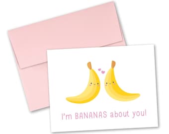 Banana greeting card "I'm BANANAS about you!"—Tiny Pineapple Studio (fruit food foodie breakfast love romantic Valentine's pun kawaii cute)