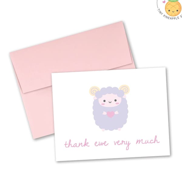 Sheep GREETING CARD "Thank ewe very much"— Tiny Pineapple Studio (lamb goat ram farm animal thanks grateful squishy love punny kawaii cute)