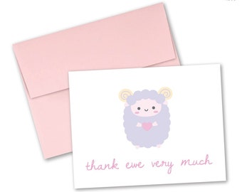 Sheep greeting card "Thank ewe very much"— Tiny Pineapple Studio (lamb goat ram farm animal thanks grateful squishy love punny kawaii cute)