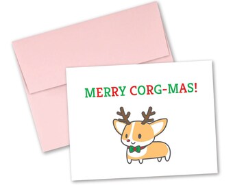 Corgi CHRISTMAS greeting card "Merry CORG-mas!"—Tiny Pineapple Studio Holiday LIMITED edition (winter Xmas Rudolph sleigh dog kawaii cute)