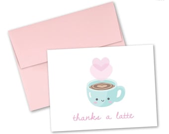 Coffee greeting card "Thanks a latte"— Tiny Pineapple Studio (espresso bean drink food dessert juicy kawaii cute pun punny nerdy love)