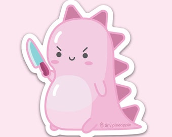Pink dinosaur stabby vinyl sticker— Tiny Pineapple Studio (squishy knife chaotic evil dino cute kawaii derpy nerdy happy monster creature)
