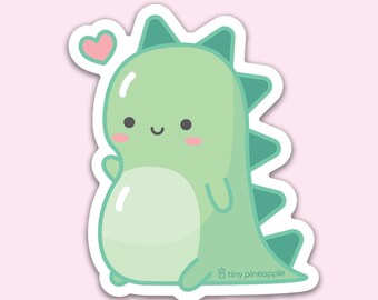 Green dinosaur heart vinyl sticker— Tiny Pineapple Studio (squishy dino cute kawaii derpy nerdy happy science romance love monster creature)