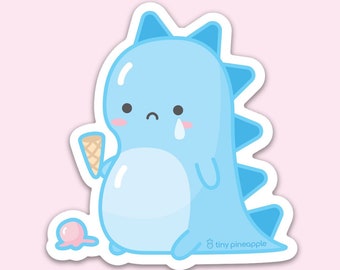 Blue dinosaur sad vinyl sticker— Tiny Pineapple Studio (squishy dino ice cream food cute kawaii derpy nerdy happy science monster creature)