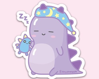 Purple dinosaur sleepy vinyl sticker— Tiny Pineapple Studio (squishy tired dino cute kawaii derpy nerdy happy science monster creature)