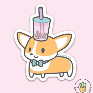 May include: A cartoon illustration of a corgi wearing a bow tie and a boba tea cup on its head. The corgi is orange and white with a pink nose and black eyes. The boba tea cup is pink and white with brown boba pearls. The text "tiny pineapple" is written in the lower right corner of the image.