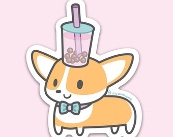 Corgi boba VINYL STICKER — Tiny Pineapple Studio (bubble tea puppy dog animal pun punny nerdy love Asian food drink juicy kawaii cute hat