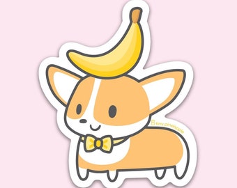 Corgi banana hat vinyl sticker—Tiny Pineapple Studio (corgi puppy dog animal lover pun punny nerdy love fruit food juicy kawaii cute)