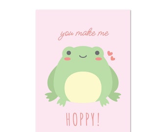 Frog MINI PRINT postcard— "you make me HOPPY!" Tiny Pineapple Studio (frog toad amphibian animal romantic pun punny nerdy love kawaii cute)