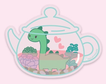 Dino terrarium transparent vinyl sticker: TEA-rarium dinosaur teapot—Tiny Pineapple Studio (clear glass teapot tea plant succulent cute pun)