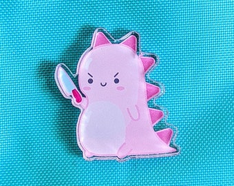 Pink dinosaur stabby clear acrylic pin— Tiny Pineapple Studio (squishy knife chaotic evil dino cute kawaii derpy nerdy happy creature)