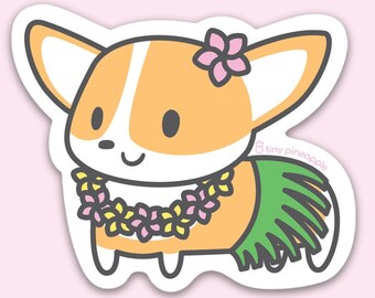 Corgi aloha vinyl sticker—Tiny Pineapple Studio (tropical Hawaii hula puppy dog animal lover romantic pun punny nerdy love food kawaii cute)
