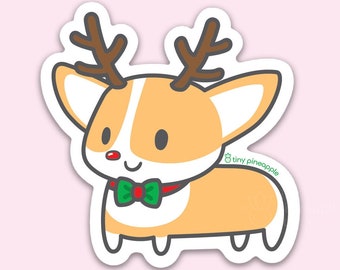 Christmas reindeer corgi VINYL STICKER — Tiny Pineapple Studio (holiday winter season Xmas Rudolph sleigh sled dog love kawaii cute)