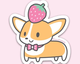 Corgi strawberry hat vinyl sticker—Tiny Pineapple Studio (corgi puppy dog animal lover romantic pun punny nerdy love food juicy kawaii cute)