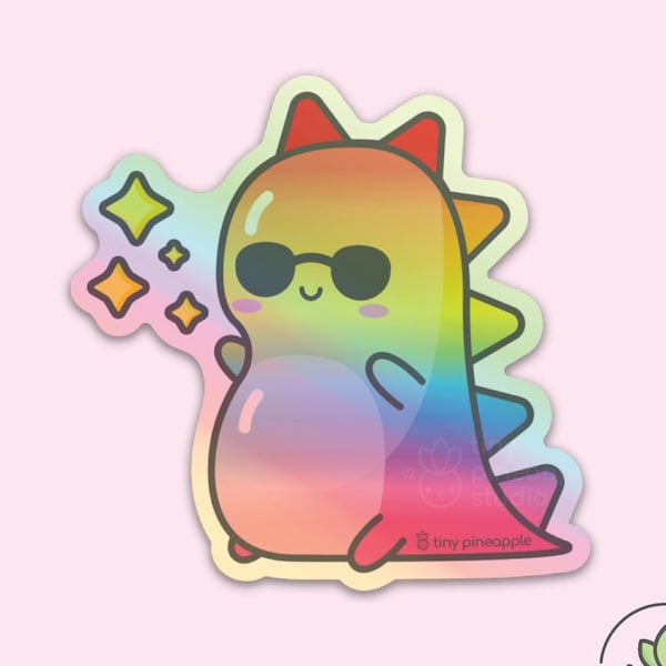 Rainbow shiny dino HOLOGRAPHIC VINYL STICKER — Tiny Pineapple Studio (sparkles squishy dinosaur cool cute kawaii nerdy happy pride glitter)