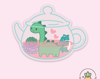 Dino "Tea-rarium" CLEAR VINYL STICKER — Tiny Pineapple Studio terrarium dinosaur teapot transparent glass tea plant succulent cute pun