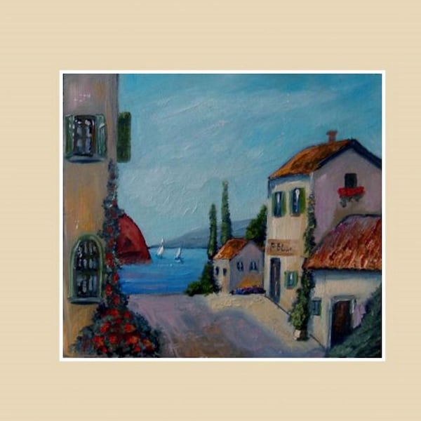Italian lane, Mediterranean,Houses by the sea Mediterranean, Original Marine Painting, Seascape, Impressionist Art , Wall Art 8*8 inches