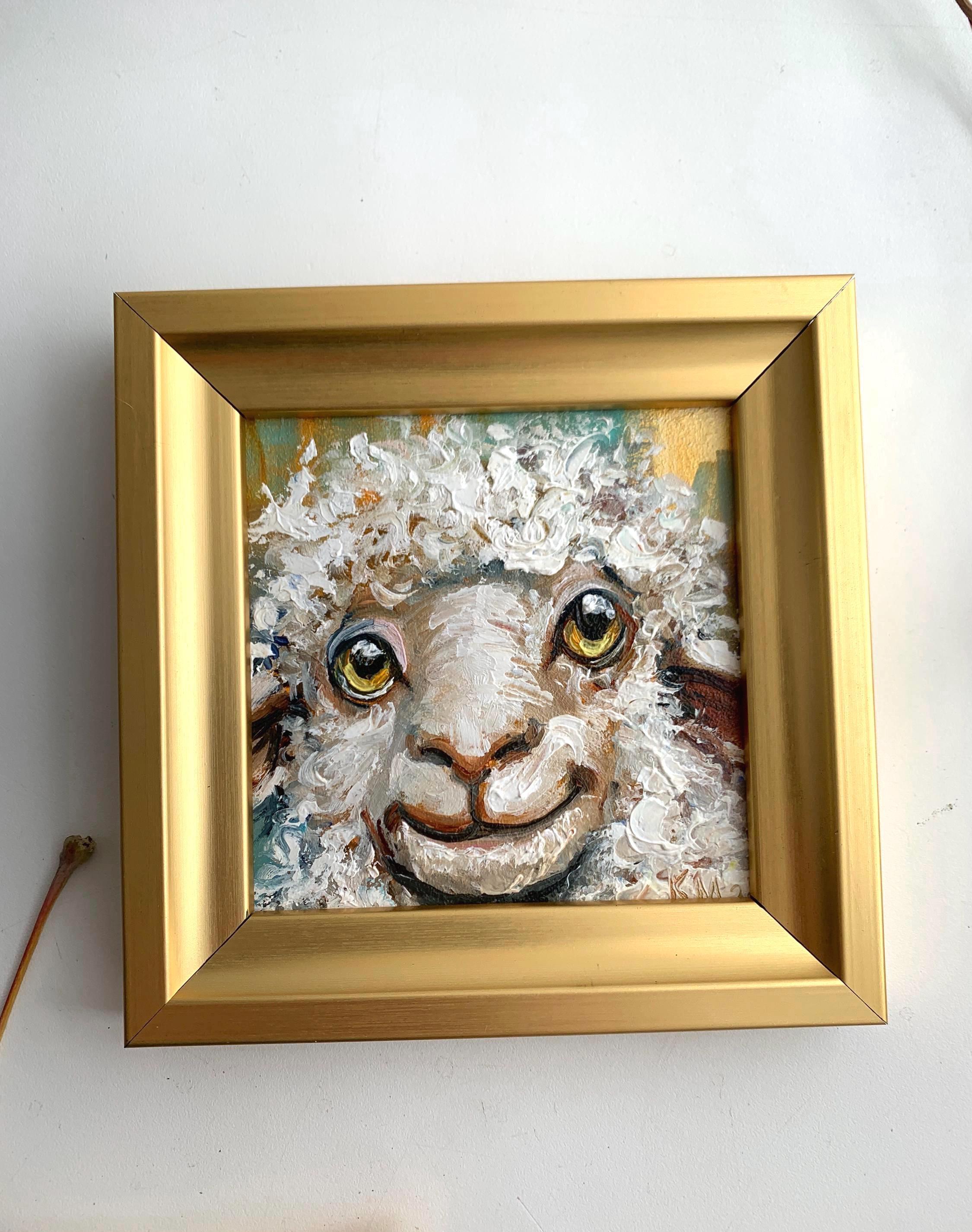 子羊の油絵オリジナル • 小さな農場動物のアート • 羊の絵 4x4 • 額