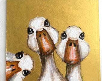 Whimsical Goose Painting – 4x4 inch Acrylic on Cardboard, Funny Farm Animal Wall Art – Original Miniature Artwork, Gift for Animal Lovers