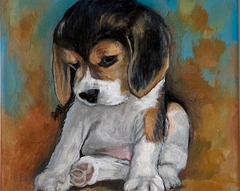 キャンバスに描かれたビーグル犬の子犬の油絵 - かわいい犬のウォール