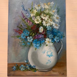 pintura a óleo original Buquê de camomila delicada e não-me-esqueças Natureza morta azul com flores. Buquê de flores selvagens 11,5*8,2 polegadas