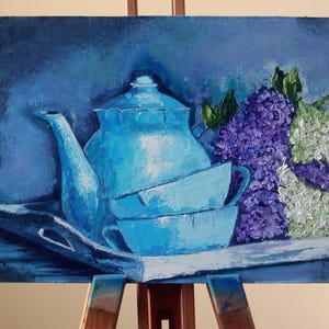 Lilac Tea Still Life – Original Floral Oil Painting, Kitchen Wall Art, Impressionist Home Decor (8x12 in)