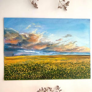 Original Oil Painting – Sunset Over Wildflower Field, Golden Meadow Landscape, Impressionist A4 Artwork, Countryside Sky Wall Art