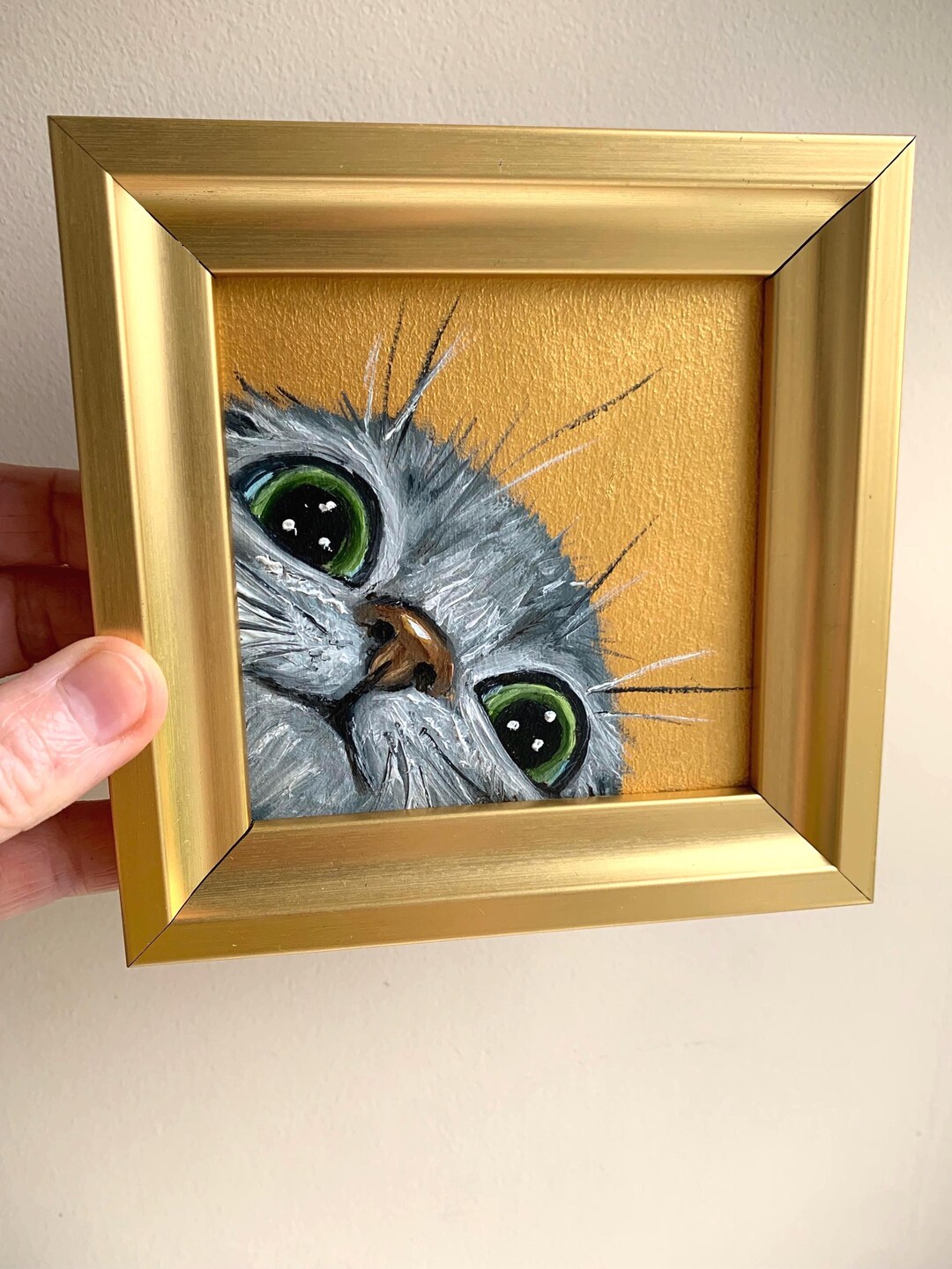 Mini Cat Painting 4x4 – Original Oil Cat Art on Gold Background – Tiny ...