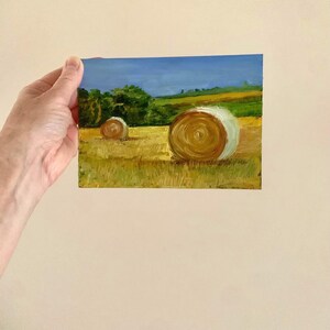 Hay Bales Original Oil Painting Farmhouse Wall Decor Impasto Landscape Small Gold Field Art 5x7 Countryside Gift Miniature Artwork only painting