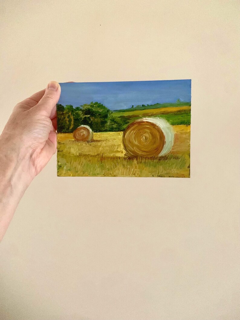 Hay Bales Original Oil Painting Farmhouse Wall Decor Impasto Landscape Small Gold Field Art 5x7 Countryside Gift Miniature Artwork only painting