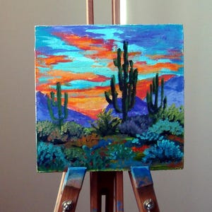 Arizona Desert Sunset Oil Painting: Saguaro Cactus Landscape Art (8x8)
